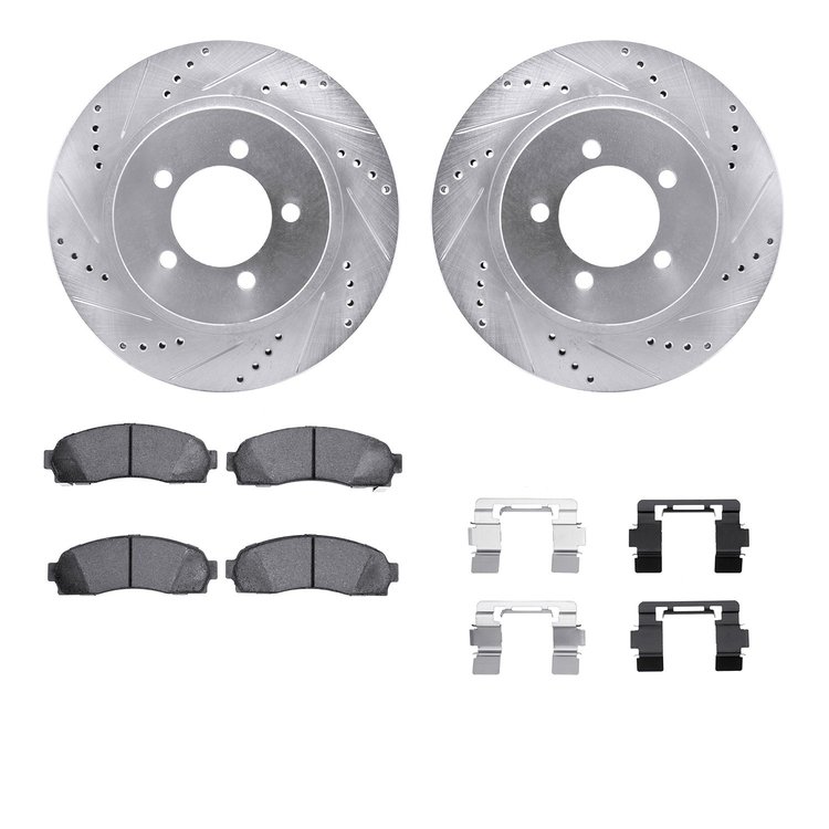 7212-99175 Drilled/Slotted Rotors w/Heavy-Duty Brake Pads Kit & Hardware [Silver], 2002-2005 Ford/Lincoln/Mercury/Mazda, Positio