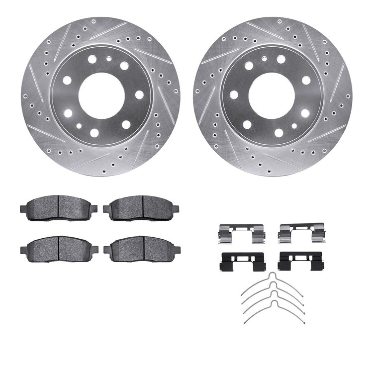 7212-99225 Drilled/Slotted Rotors w/Heavy-Duty Brake Pads Kit & Hardware [Silver], 2009-2009 Ford/Lincoln/Mercury/Mazda, Positio