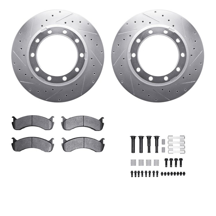 7212-99256 Drilled/Slotted Rotors w/Heavy-Duty Brake Pads Kit & Hardware [Silver], Fits Select Ford/Lincoln/Mercury/Mazda, Posit