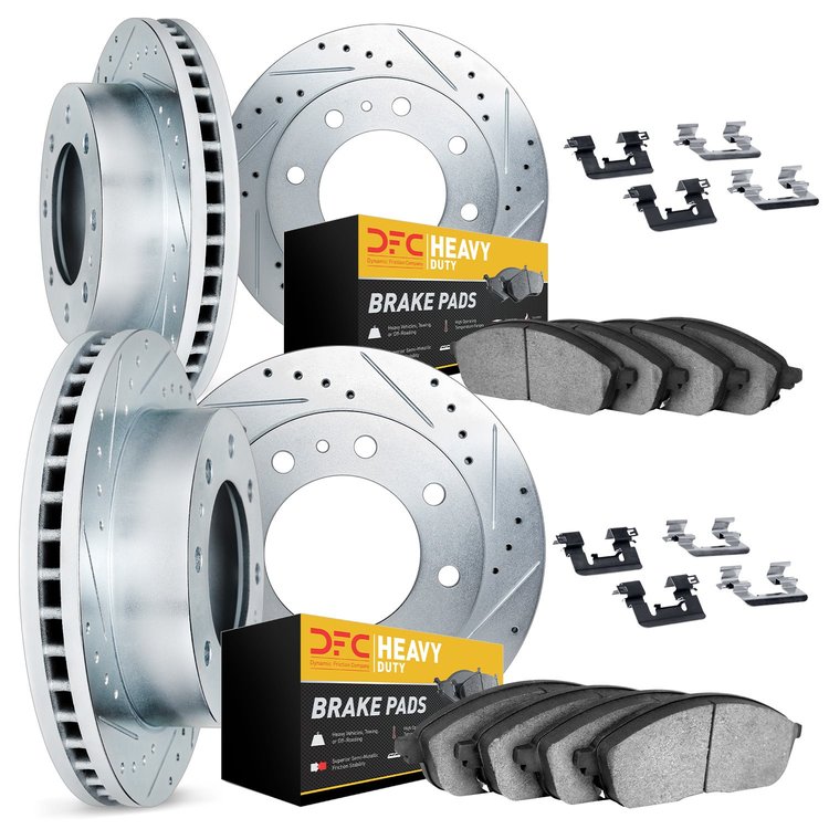 7214-40021 Drilled/Slotted Rotors w/Heavy-Duty Brake Pads Kit & Hardware [Silver], 2000-2002 Mopar, Position: Front and Rear