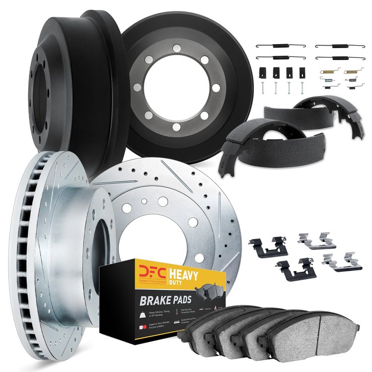 7214-48064 Drilled/Slotted Rotors w/Heavy-Duty Brake Pads/Drums/Shoes & Hardware Kit [Silver], 1993-1995 GM, Position: Front and