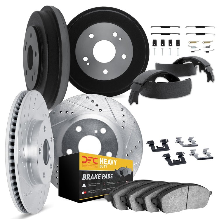 7214-54212 Drilled/Slotted Rotors w/Heavy-Duty Brake Pads/Drums/Shoes & Hardware Kit [Silver], 1995-1997 Ford/Lincoln/Mercury/Ma