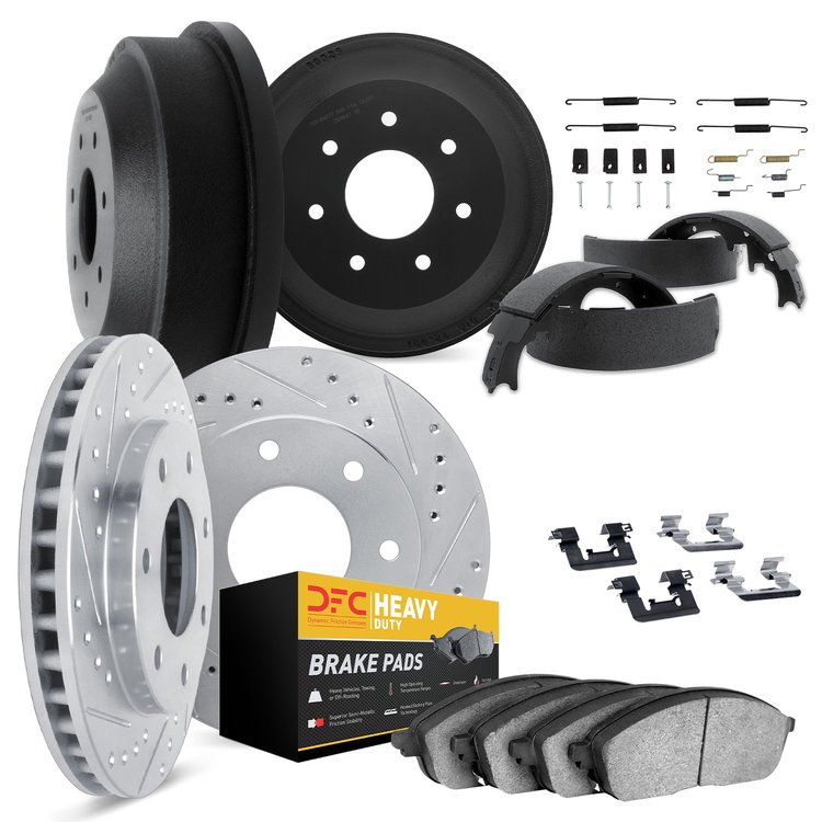 7214-54346 Drilled/Slotted Rotors w/Heavy-Duty Brake Pads/Drums/Shoes & Hardware Kit [Silver], 1997-2002 Ford/Lincoln/Mercury/Ma