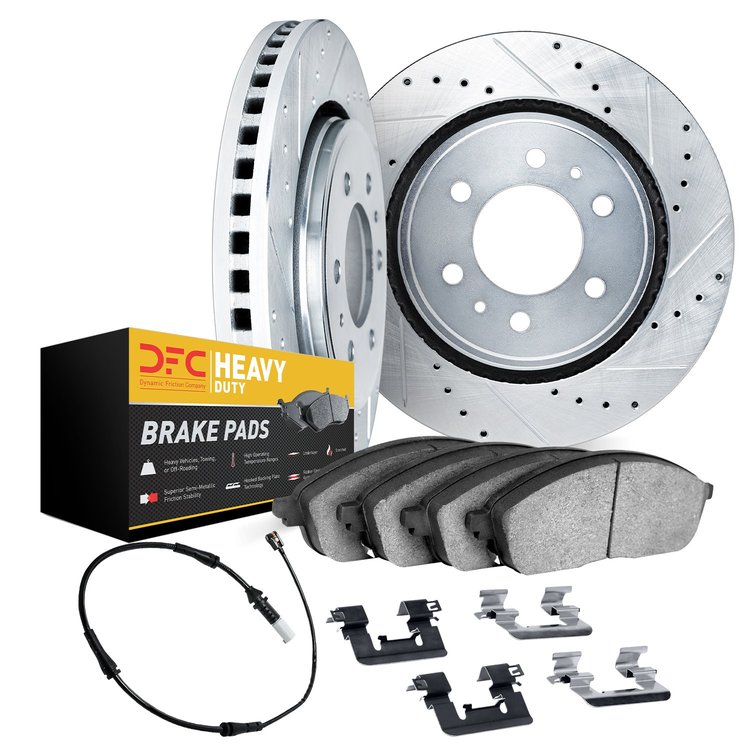7222-40004 Drilled/Slotted Rotors w/Heavy-Duty Brake Pads/Sensor & Hardware Kit [Silver], 2006-2006 Mopar, Position: Rear