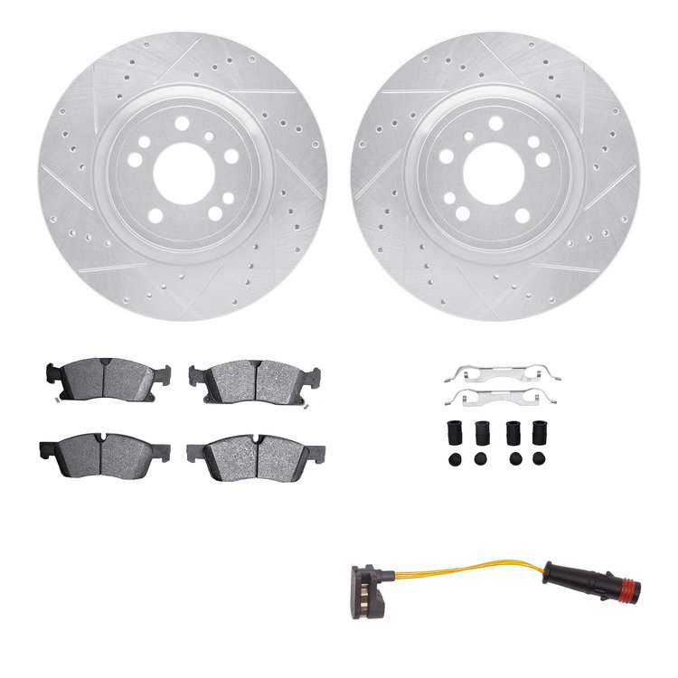 7222-63002 Drilled/Slotted Rotors w/Heavy-Duty Brake Pads/Sensor & Hardware Kit [Silver], 2012-2018 Mercedes-Benz, Position: Fro