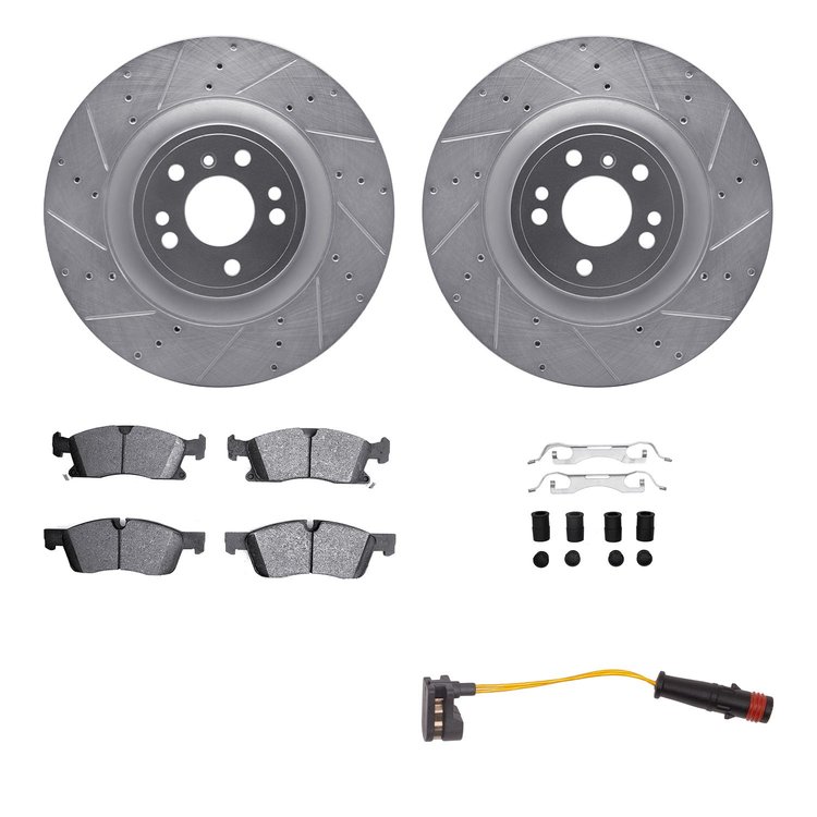 7222-63003 Drilled/Slotted Rotors w/Heavy-Duty Brake Pads/Sensor & Hardware Kit [Silver], 2013-2019 Mercedes-Benz, Position: Fro