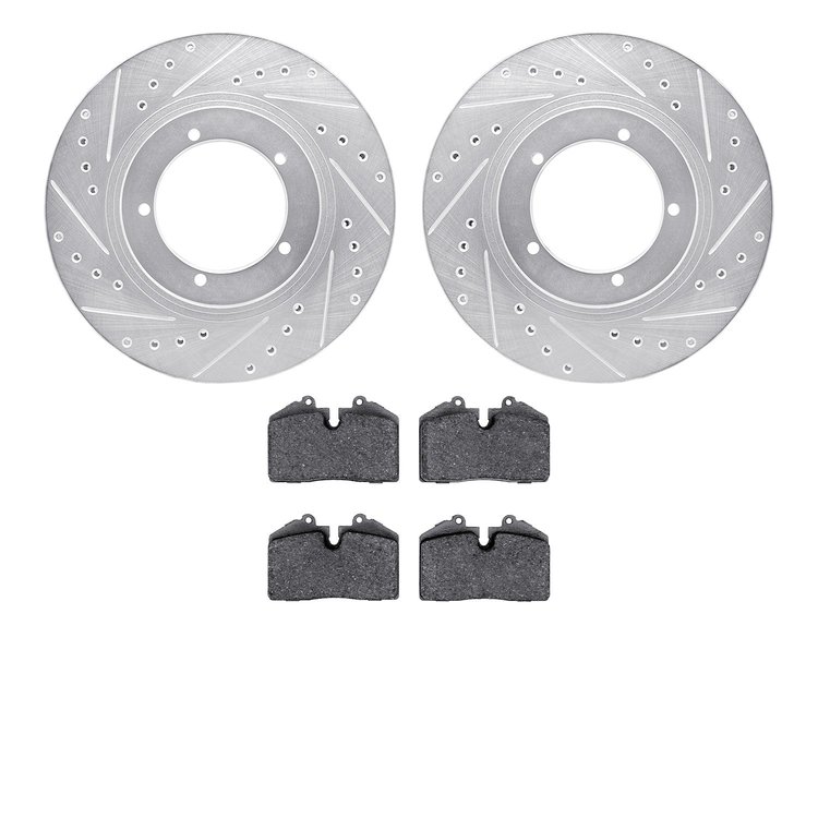 7302-02014 Drilled/Slotted Brake Rotor with 3000-Series Ceramic Brake Pads Kit [Silver], 1986-1986 Porsche, Position: Front