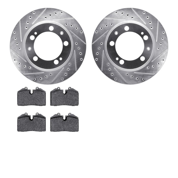 7302-02018 Drilled/Slotted Brake Rotor with 3000-Series Ceramic Brake Pads Kit [Silver], 1989-1997 Porsche, Position: Front