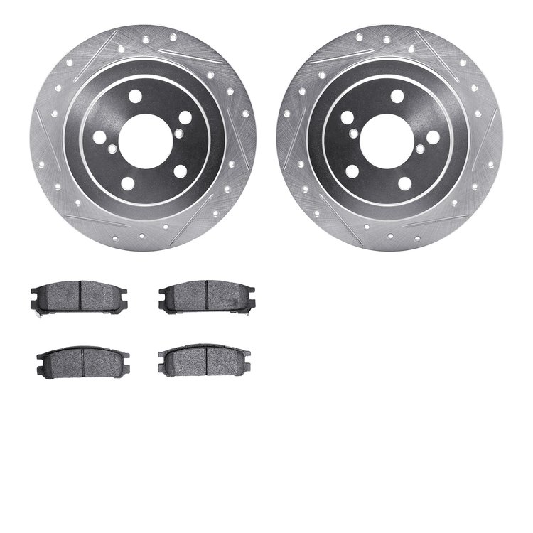 7302-13014 Drilled/Slotted Brake Rotor with 3000-Series Ceramic Brake Pads Kit [Silver], 1990-1999 Subaru, Position: Rear
