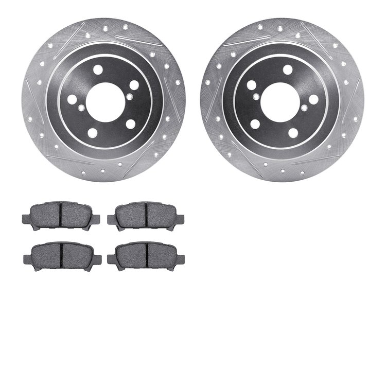 7302-13023 Drilled/Slotted Brake Rotor with 3000-Series Ceramic Brake Pads Kit [Silver], 1998-2003 Subaru, Position: Rear