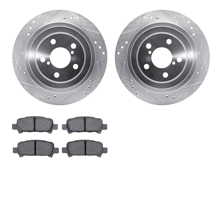 7302-13026 Drilled/Slotted Brake Rotor with 3000-Series Ceramic Brake Pads Kit [Silver], 2005-2009 Subaru, Position: Rear