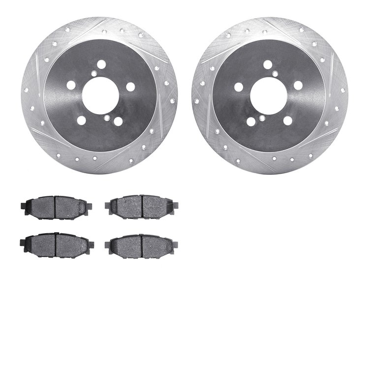 7302-13040 Drilled/Slotted Brake Rotor with 3000-Series Ceramic Brake Pads Kit [Silver], 2005-2009 Subaru, Position: Rear