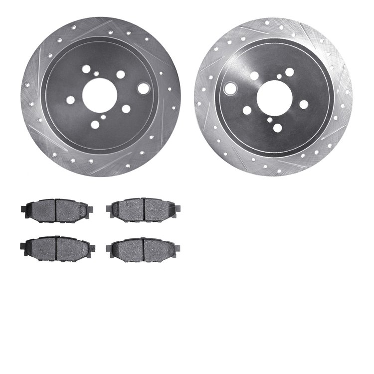 7302-13041 Drilled/Slotted Brake Rotor with 3000-Series Ceramic Brake Pads Kit [Silver], 2008-2015 Subaru, Position: Rear