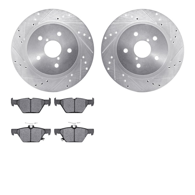 7302-13052 Drilled/Slotted Brake Rotor with 3000-Series Ceramic Brake Pads Kit [Silver], Fits Select Subaru, Position: Rear
