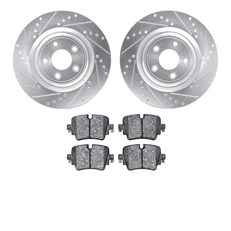 7302-20016 Drilled/Slotted Brake Rotor with 3000-Series Ceramic Brake Pads Kit [Silver], 2014-2021 Jaguar, Position: Rear