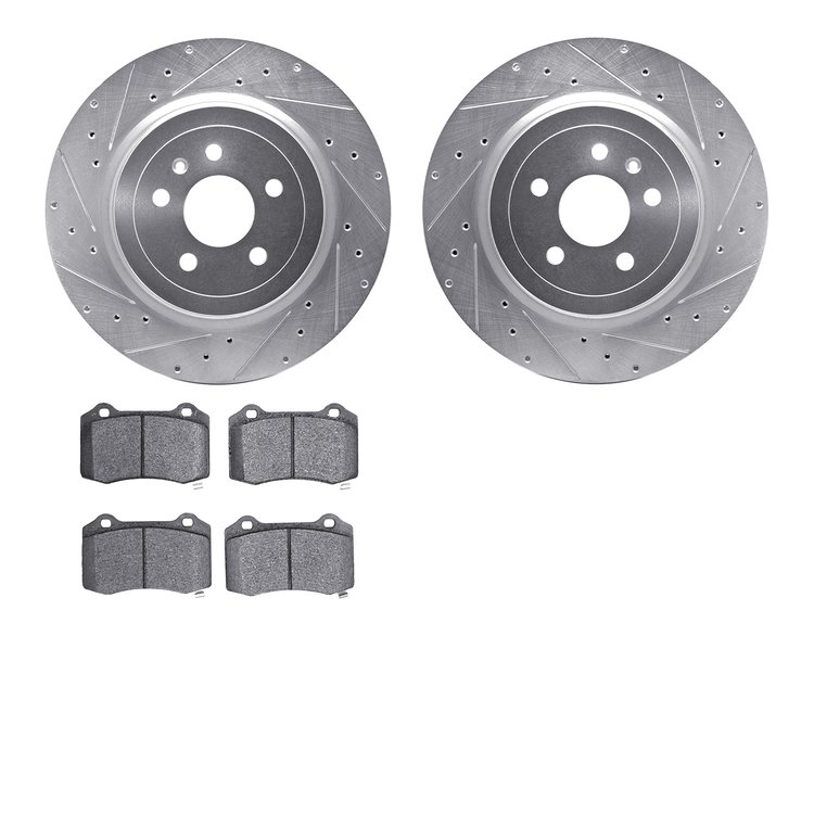 7302-26002 Drilled/Slotted Brake Rotor with 3000-Series Ceramic Brake Pads Kit [Silver], 2012-2020 Tesla, Position: Rear