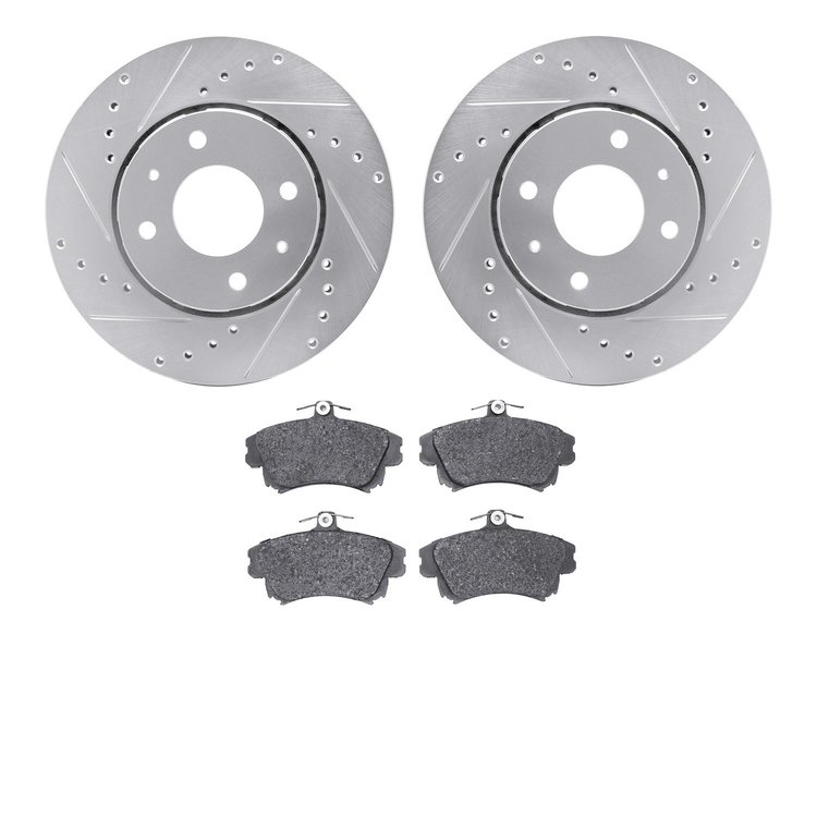 7302-27002 Drilled/Slotted Brake Rotor with 3000-Series Ceramic Brake Pads Kit [Silver], 2000-2004 Volvo, Position: Front