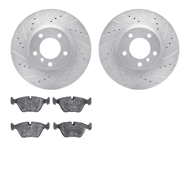 7302-31023 Drilled/Slotted Brake Rotor with 3000-Series Ceramic Brake Pads Kit [Silver], 1995-2002 BMW, Position: Front