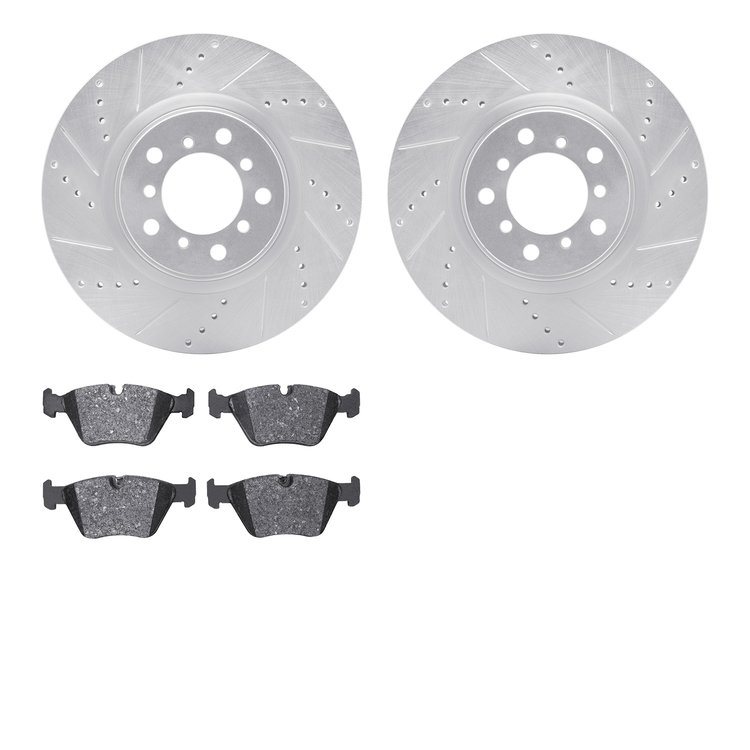 7302-31079 Drilled/Slotted Brake Rotor with 3000-Series Ceramic Brake Pads Kit [Silver], 2006-2006 BMW, Position: Front