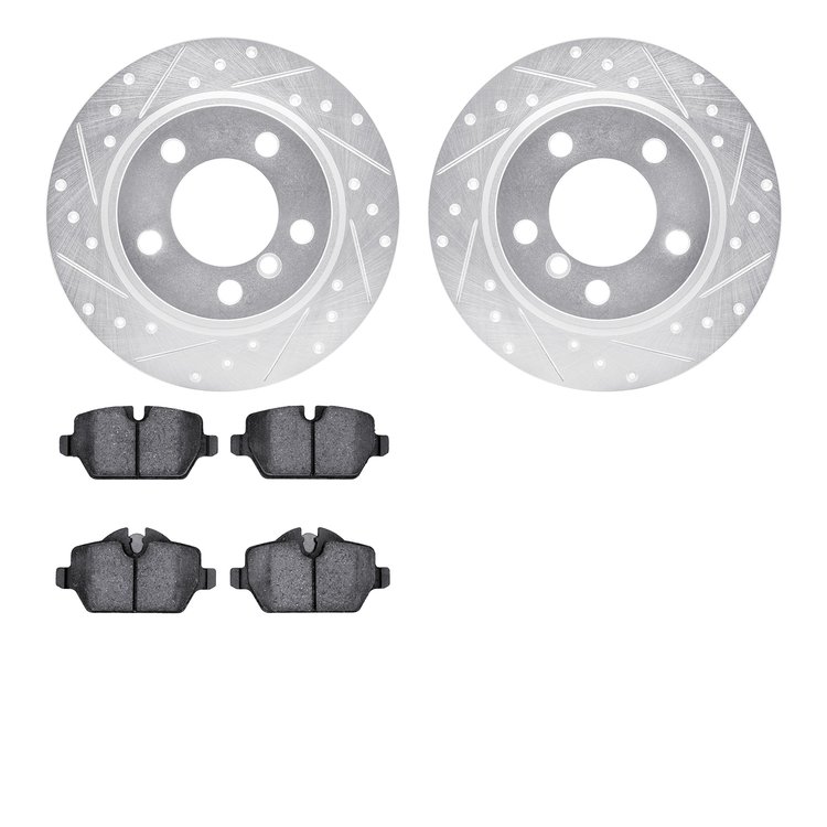 7302-32009 Drilled/Slotted Brake Rotor with 3000-Series Ceramic Brake Pads Kit [Silver], 2011-2016 Mini, Position: Rear