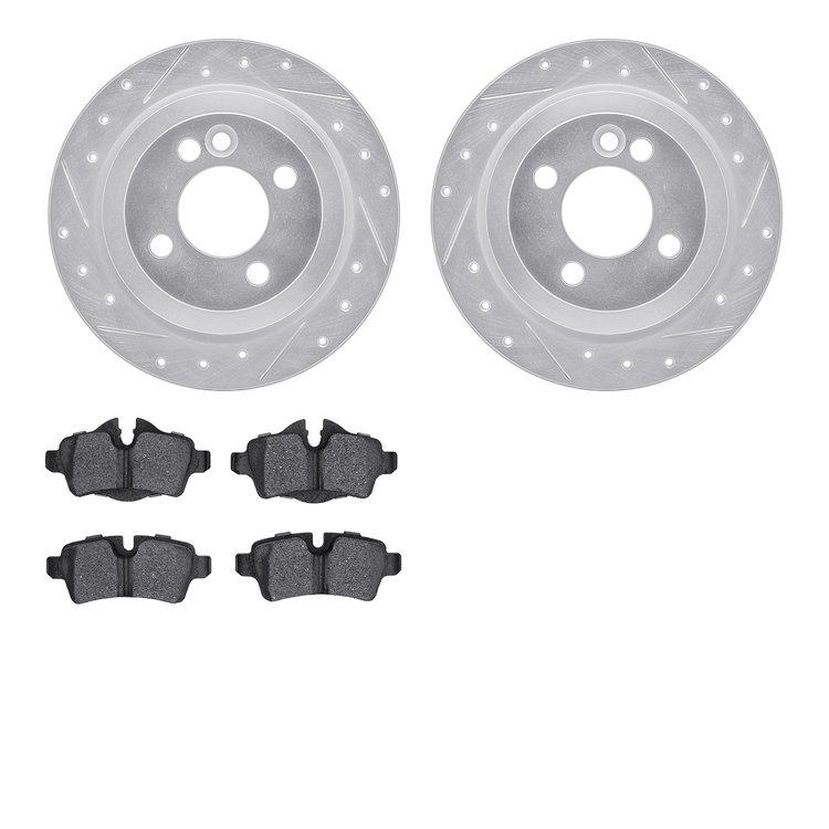 7302-32013 Drilled/Slotted Brake Rotor with 3000-Series Ceramic Brake Pads Kit [Silver], 2007-2015 Mini, Position: Rear