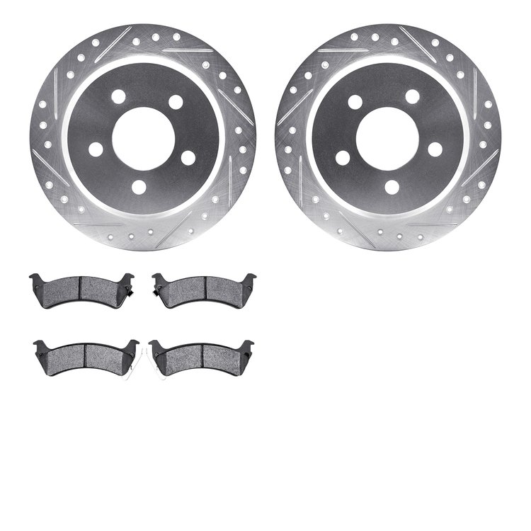 7302-42018 Drilled/Slotted Brake Rotor with 3000-Series Ceramic Brake Pads Kit [Silver], 1993-1998 Mopar, Position: Rear