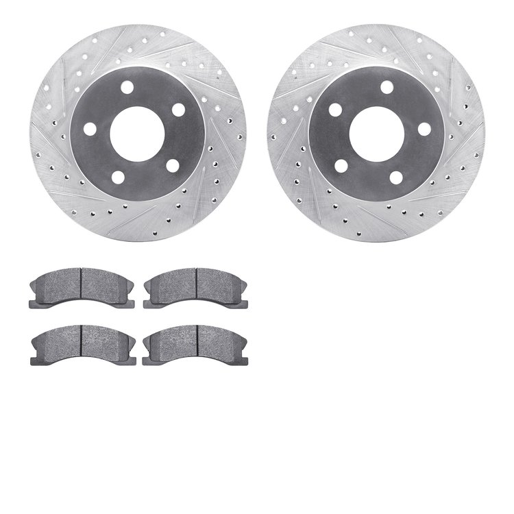 7302-42022 Drilled/Slotted Brake Rotor with 3000-Series Ceramic Brake Pads Kit [Silver], 1999-2004 Mopar, Position: Front