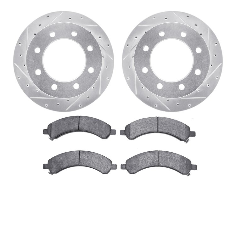 7302-48055 Drilled/Slotted Brake Rotor with 3000-Series Ceramic Brake Pads Kit [Silver], 2003-2008 GM, Position: Rear