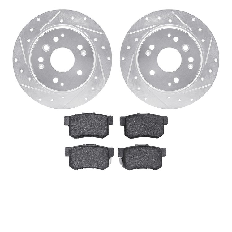 7302-58012 Drilled/Slotted Brake Rotor with 3000-Series Ceramic Brake Pads Kit [Silver], 2003-2011 Acura/Honda, Position: Rear