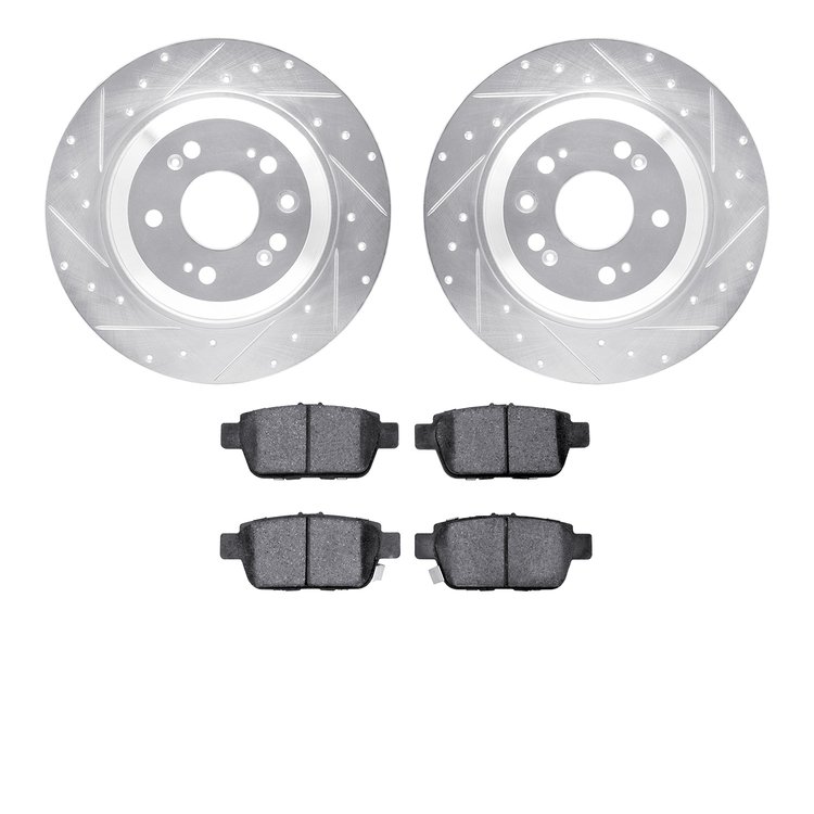 7302-58022 Drilled/Slotted Brake Rotor with 3000-Series Ceramic Brake Pads Kit [Silver], 2009-2014 Acura/Honda, Position: Rear