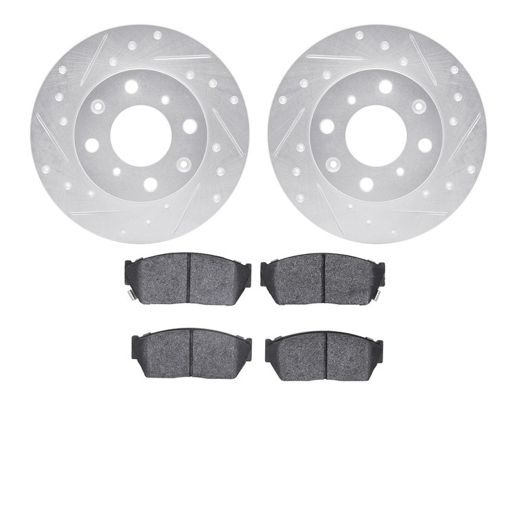 7302-59015 Drilled/Slotted Brake Rotor with 3000-Series Ceramic Brake Pads Kit [Silver], 1984-1987 Acura/Honda, Position: Front