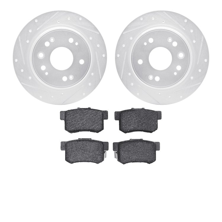 7302-59040 Drilled/Slotted Brake Rotor with 3000-Series Ceramic Brake Pads Kit [Silver], 2002-2004 Acura/Honda, Position: Rear