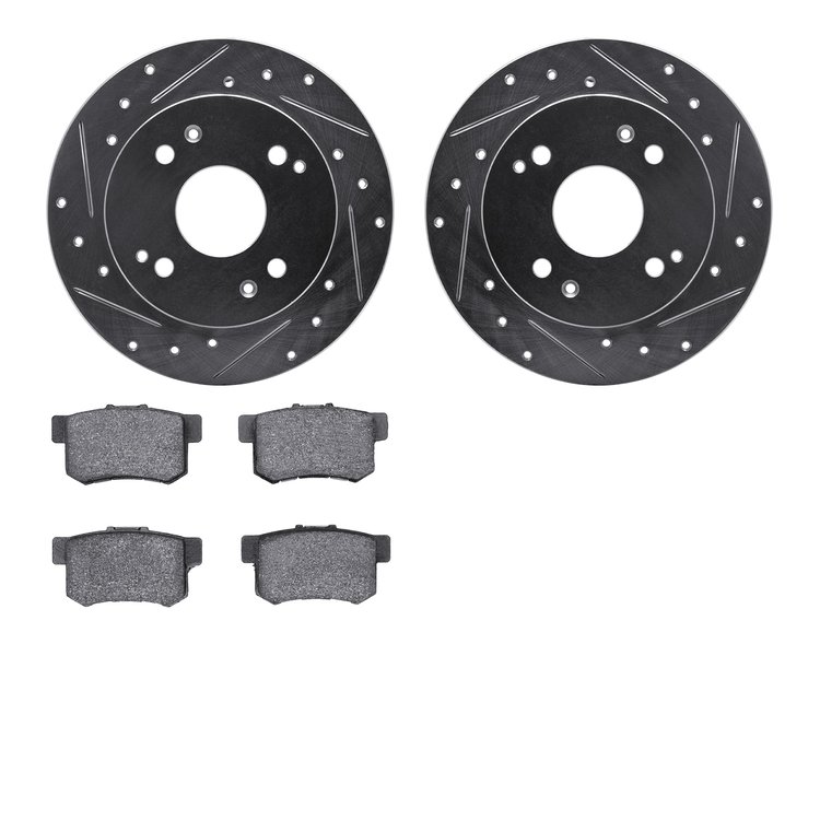 7302-59043 Drilled/Slotted Brake Rotor with 3000-Series Ceramic Brake Pads Kit [Silver], 1992-1997 Acura/Honda, Position: Rear