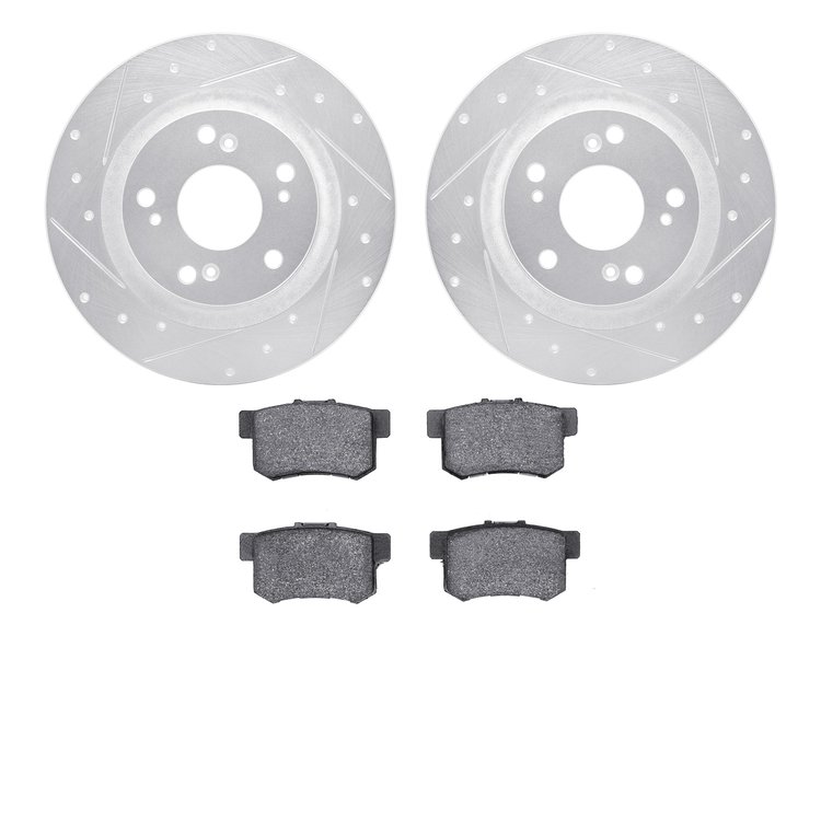 7302-59054 Drilled/Slotted Brake Rotor with 3000-Series Ceramic Brake Pads Kit [Silver], 2000-2009 Acura/Honda, Position: Rear