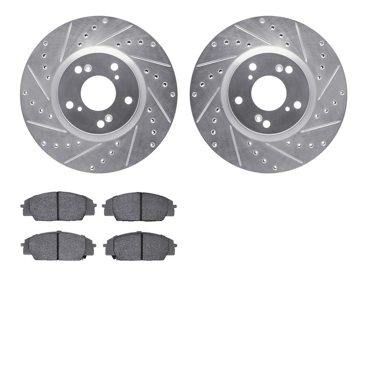 7302-59060 Drilled/Slotted Brake Rotor with 3000-Series Ceramic Brake Pads Kit [Silver], 2002-2011 Acura/Honda, Position: Front