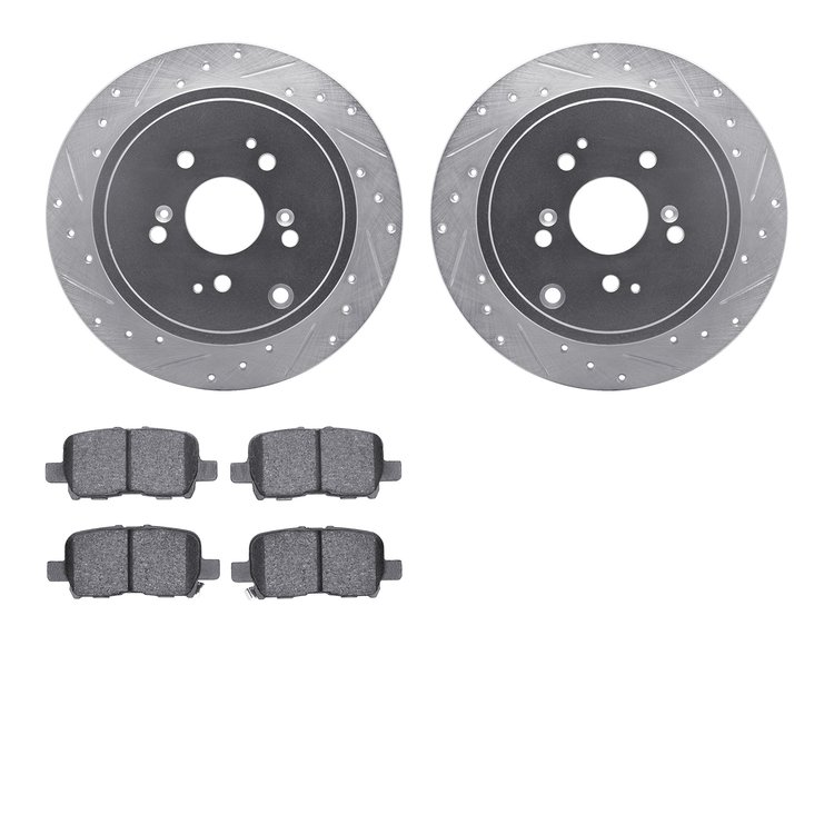 7302-59062 Drilled/Slotted Brake Rotor with 3000-Series Ceramic Brake Pads Kit [Silver], 2001-2008 Acura/Honda, Position: Rear