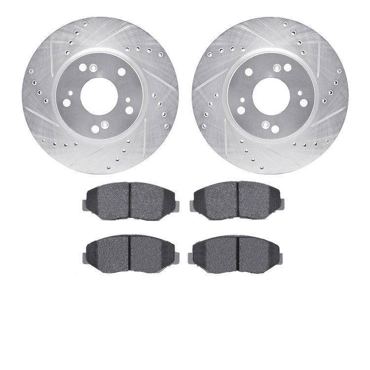 7302-59064 Drilled/Slotted Brake Rotor with 3000-Series Ceramic Brake Pads Kit [Silver], 2003-2017 Acura/Honda, Position: Front