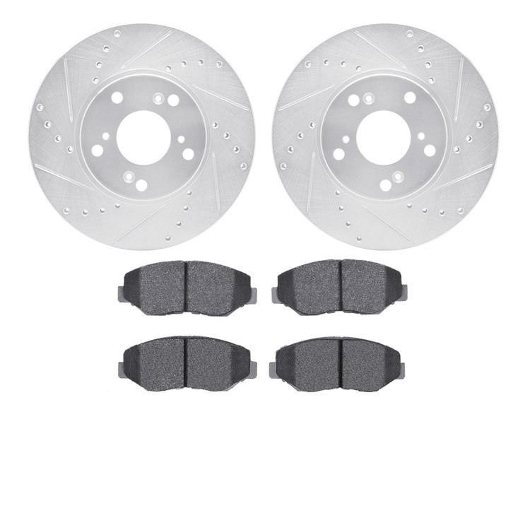 7302-59065 Drilled/Slotted Brake Rotor with 3000-Series Ceramic Brake Pads Kit [Silver], 2002-2015 Acura/Honda, Position: Front