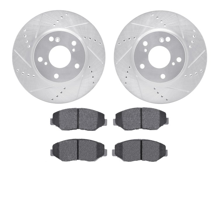 7302-59066 Drilled/Slotted Brake Rotor with 3000-Series Ceramic Brake Pads Kit [Silver], 2016-2021 Acura/Honda, Position: Front