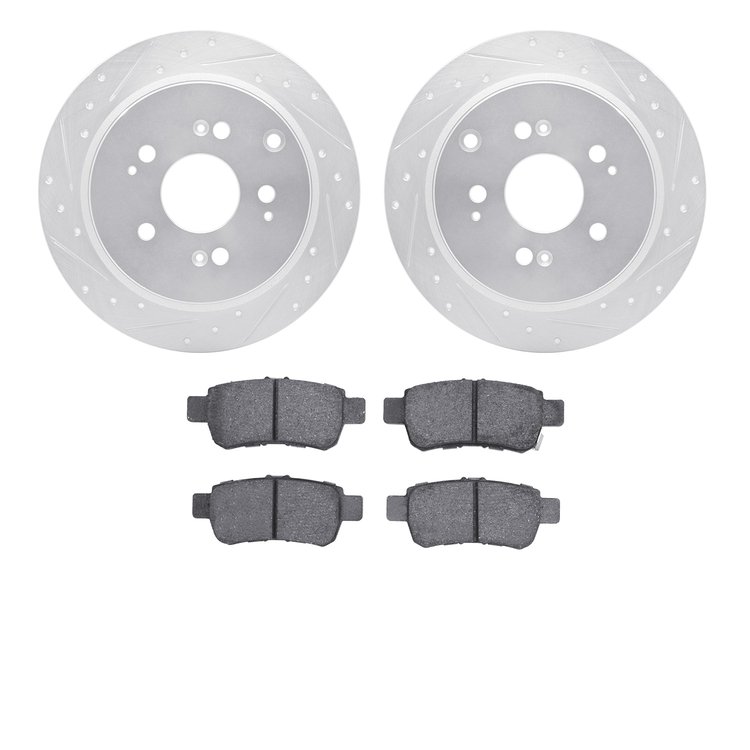 7302-59077 Drilled/Slotted Brake Rotor with 3000-Series Ceramic Brake Pads Kit [Silver], 2005-2010 Acura/Honda, Position: Rear