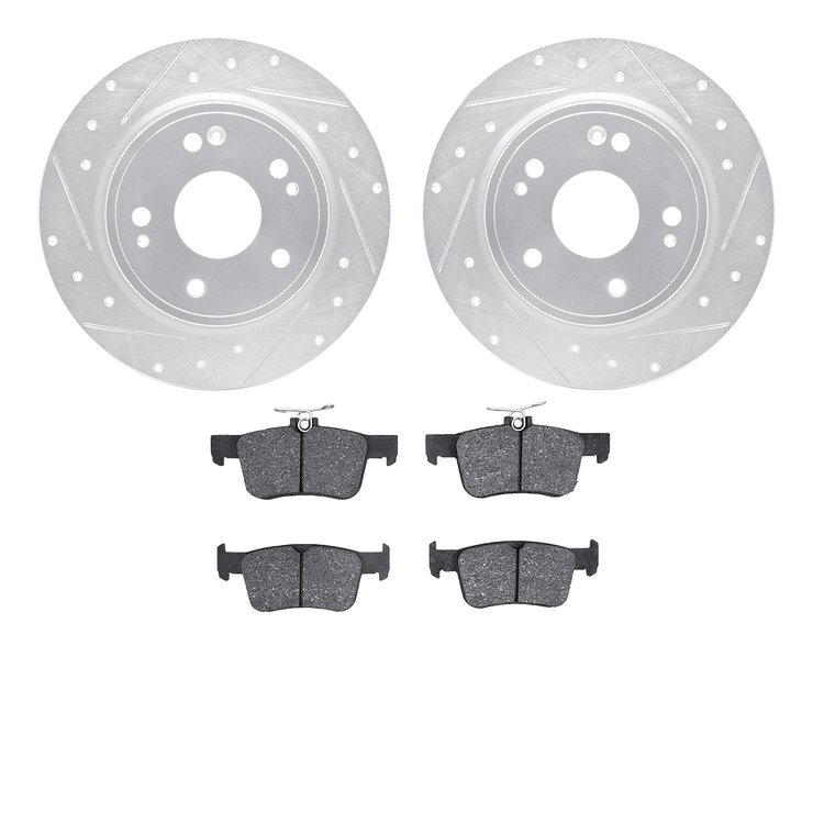 7302-59114 Drilled/Slotted Brake Rotor with 3000-Series Ceramic Brake Pads Kit [Silver], Fits Select Acura/Honda, Position: Rear