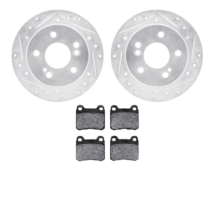 7302-63007 Drilled/Slotted Brake Rotor with 3000-Series Ceramic Brake Pads Kit [Silver], 1984-1995 Mercedes-Benz, Position: Rear