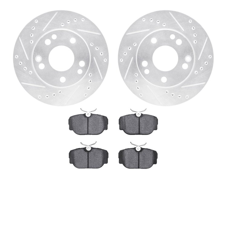 7302-63009 Drilled/Slotted Brake Rotor with 3000-Series Ceramic Brake Pads Kit [Silver], 1987-1993 Mercedes-Benz, Position: Fron