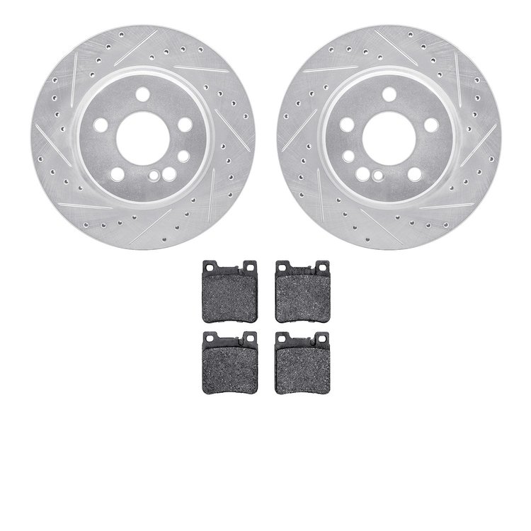 7302-63014 Drilled/Slotted Brake Rotor with 3000-Series Ceramic Brake Pads Kit [Silver], 1992-1999 Mercedes-Benz, Position: Rear