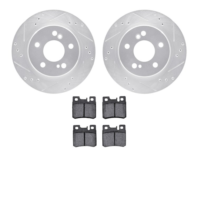 7302-63042 Drilled/Slotted Brake Rotor with 3000-Series Ceramic Brake Pads Kit [Silver], 1992-1995 Mercedes-Benz, Position: Rear
