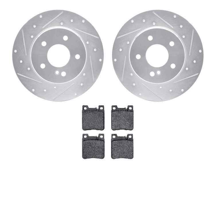 7302-63054 Drilled/Slotted Brake Rotor with 3000-Series Ceramic Brake Pads Kit [Silver], 1994-2000 Mercedes-Benz, Position: Rear