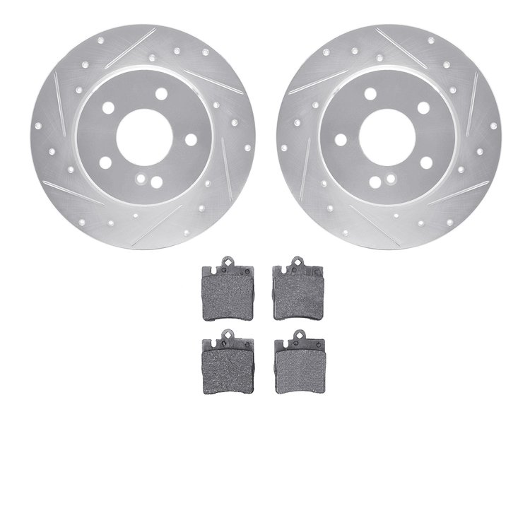 7302-63085 Drilled/Slotted Brake Rotor with 3000-Series Ceramic Brake Pads Kit [Silver], 1996-2011 Mercedes-Benz, Position: Rear