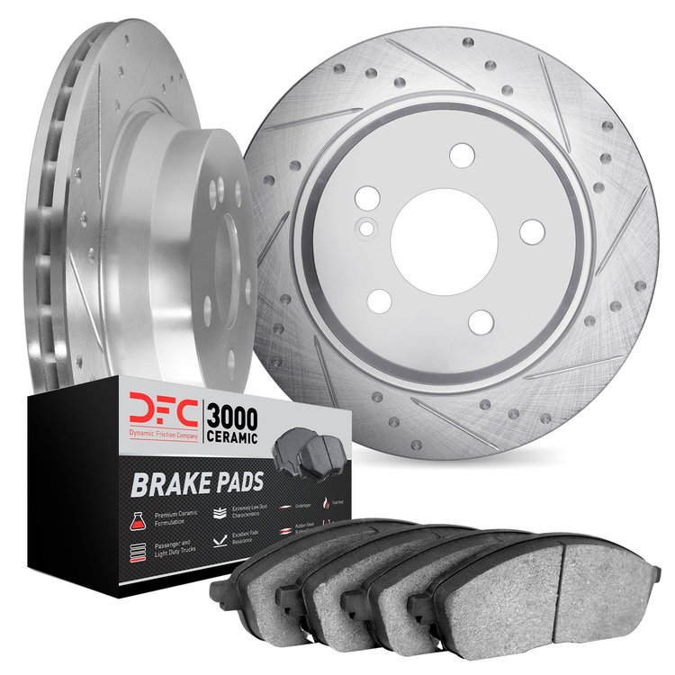 7302-63097 Dimpled & Slotted Brake Rotors with 3000-Series Ceramic Brake Pads Kit [Silver], 2003-2017 Mercedes-Benz, Position: R