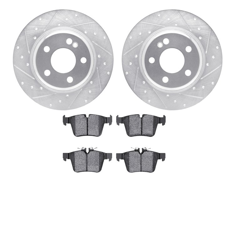 7302-63142 Drilled/Slotted Brake Rotor with 3000-Series Ceramic Brake Pads Kit [Silver], 2015-2021 Mercedes-Benz, Position: Rear