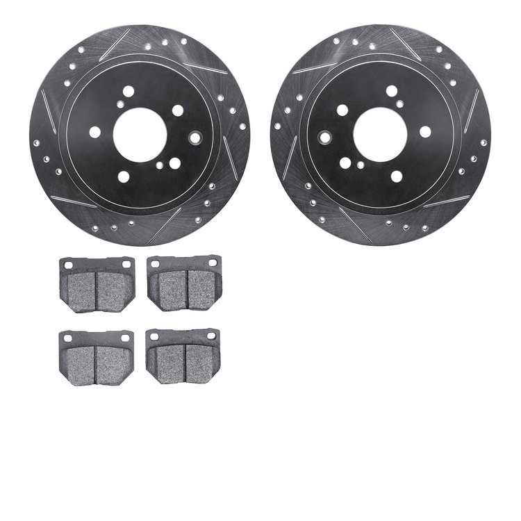7302-67058 Drilled/Slotted Brake Rotor with 3000-Series Ceramic Brake Pads Kit [Silver], 1989-1996 Infiniti/Nissan, Position: Re